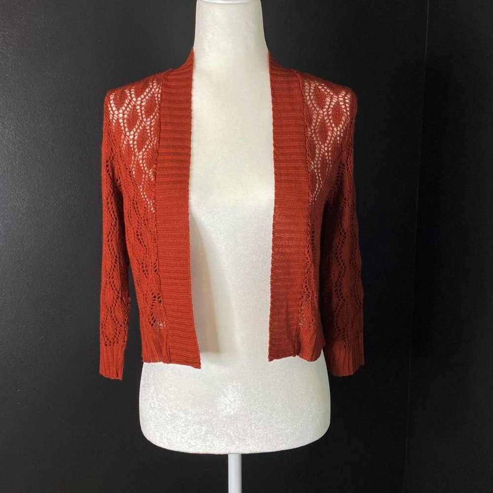 Boho Whimsy Burnt Orange Open Knit Cardigan